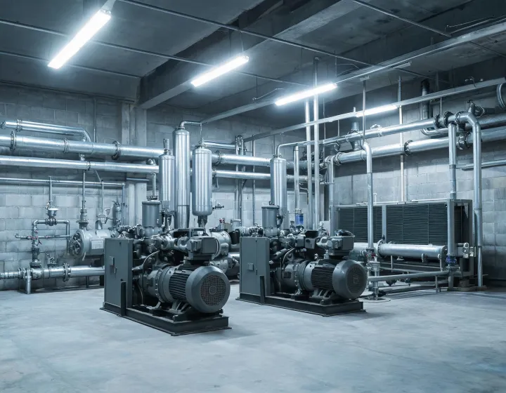 Industrial refrigeration compressor packages with oil separators and condenser piping in a process plant engine room